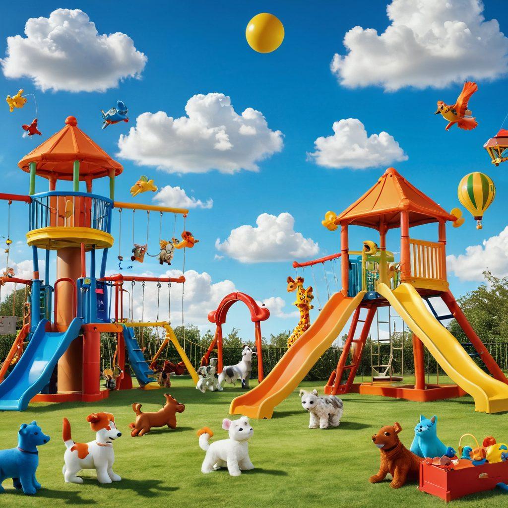 A vibrant, whimsical playground filled with various Smith Toys, featuring children joyfully playing with colorful, interactive toys. Include a backdrop of a sunny sky, fluffy clouds, and playful pets, capturing the essence of adventure and imagination. Incorporate a lighthearted atmosphere with bright colors and smiling faces. cartoon style. vibrant colors. white background.