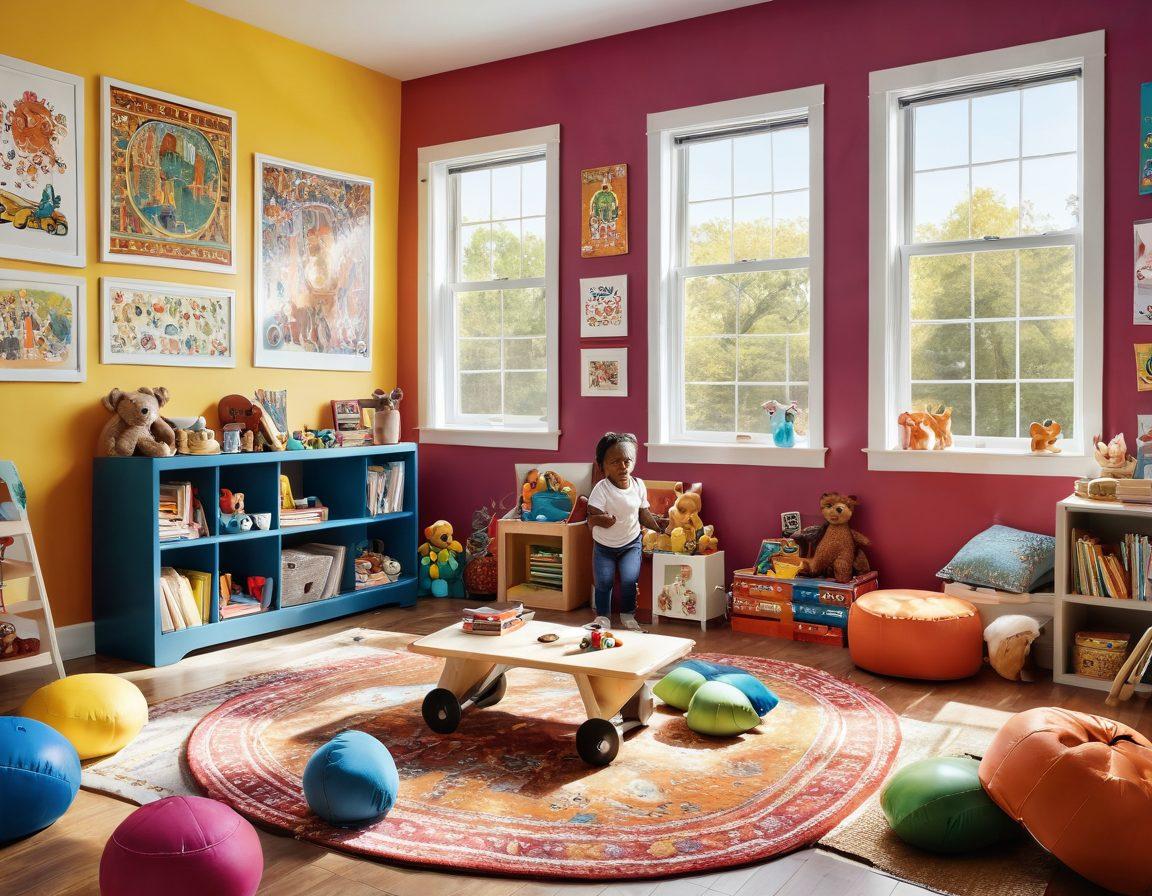 A vibrant scene in a colorful playroom filled with diverse Smith Toys scattered around, showcasing kids of different ethnicities joyfully playing together. Bright sunlight streams through a window, illuminating their delighted expressions as they engage in imaginative play. Include playful decor elements like wall stickers of adventure themes, and a cozy reading nook in the background. super-realistic. vibrant colors. cheerful atmosphere.