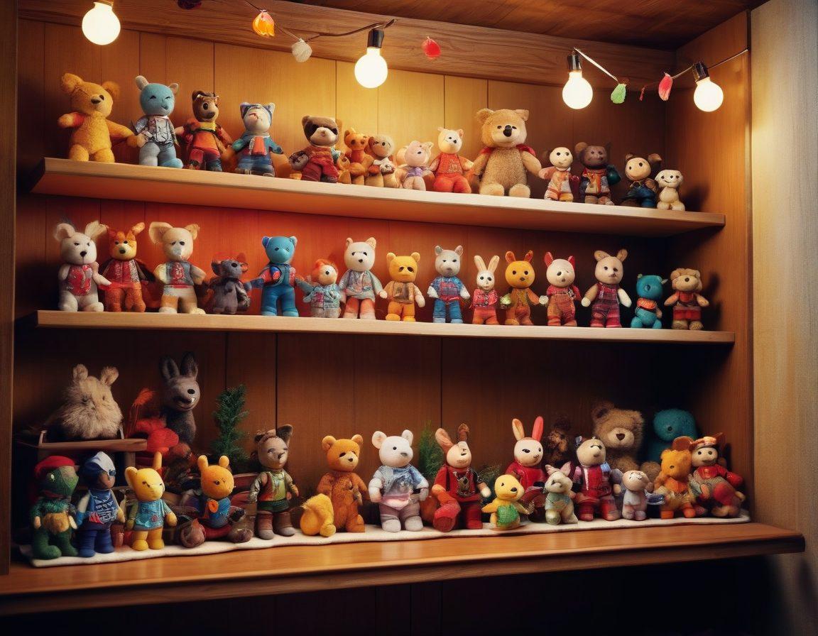 A vibrant scene showcasing a colorful display of action figures and plush toys arranged playfully on a wooden shelf. Each toy has its distinct personality, with a backdrop of a cozy playroom filled with soft lighting and fun decorations. Emphasize the contrast between the hard textures of the action figures and the softness of the plush toys, evoking a sense of nostalgia and joy. playful and whimsical design. vibrant colors. soft focus.